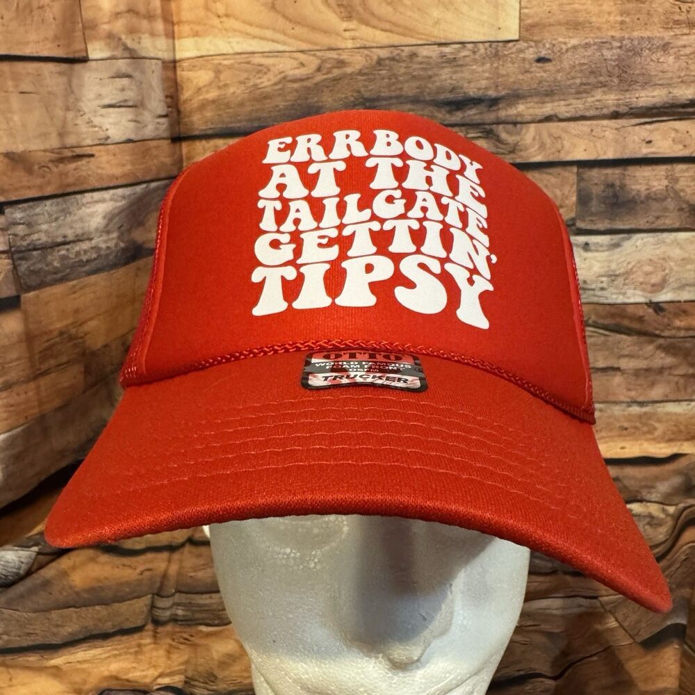 Errbody At The Tailgate Gettin' Tipsy Trucker Hat Red Foam Mesh Snapback Cap